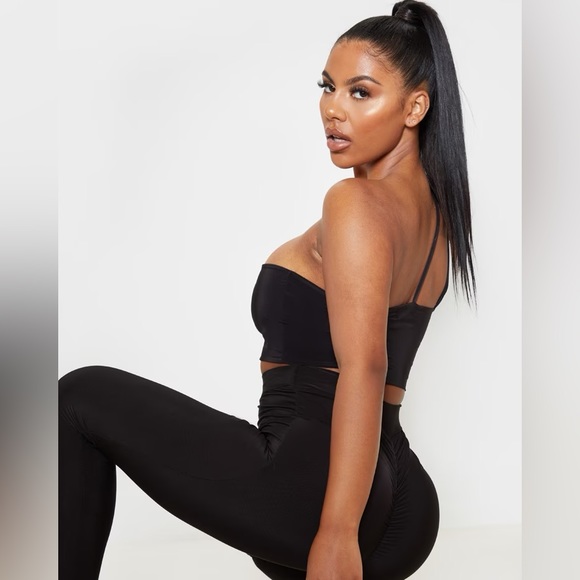 Pretty Little Thing Black Slinky Asymmetric Strap Crop Top - Size 2 - Picture 3 of 9